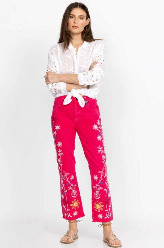 Johnny Was Ryan Cropped Embroidered Baby Boot Jeans Raspberry Size 29